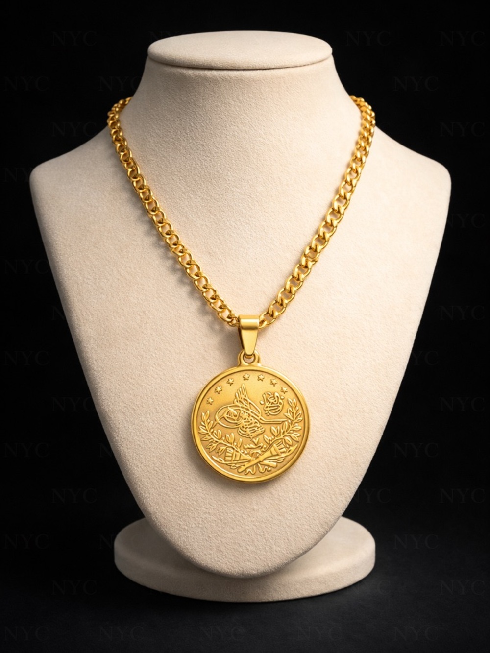 Gold-Tone Curb Chain Necklace with Engraved Medallion Pendant